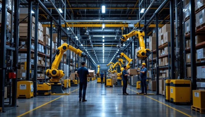 A photograph of a modern warehouse environment showcasing industrial robots in action