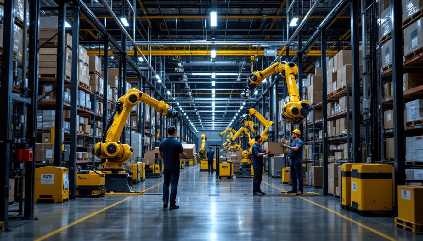 A photograph of a modern warehouse environment showcasing industrial robots in action