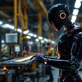 A photograph of a sleek tesla robot in an industrial setting