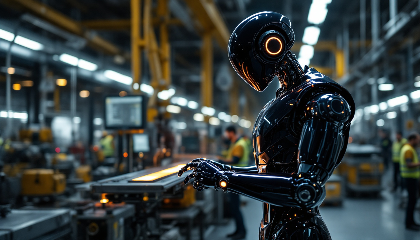 A photograph of a sleek tesla robot in an industrial setting
