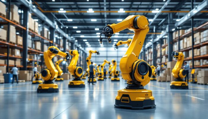 A photograph of a modern warehouse environment showcasing various industrial robots in action