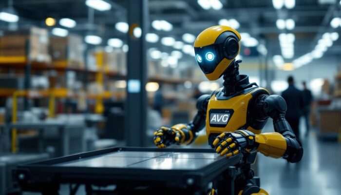 A photograph of a sleek agv k1 industrial robot in action within a modern warehouse setting