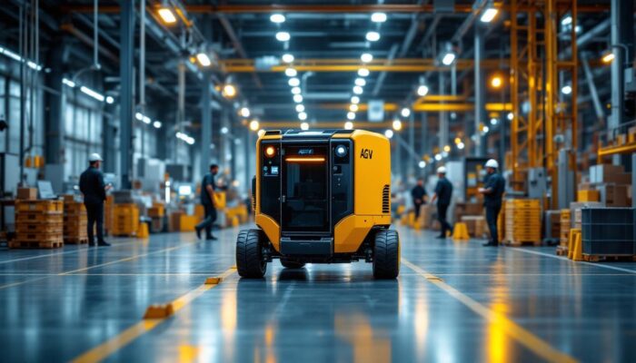 A photograph of a modern industrial setting featuring an automated guided vehicle (agv) in action