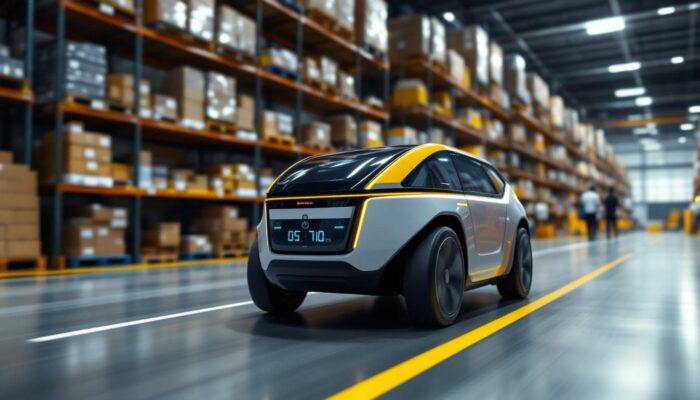 A photograph of a sleek autonomous warehouse vehicle in action