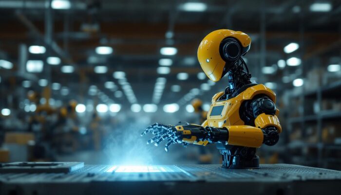 A photograph of capture a photograph of the amazon proteus robot in action within an industrial setting