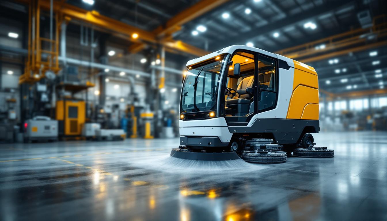 A photograph of a sleek industrial scrubber machine in action within a large manufacturing facility