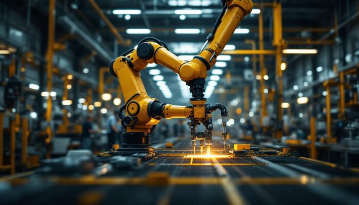 A photograph of a factory floor showcasing a robotic arm in action