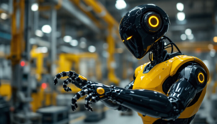 A photograph of a sleek tesla robot in an industrial setting