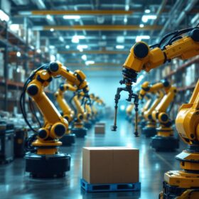A photograph of a busy automated warehouse scene featuring industrial robots efficiently handling inventory