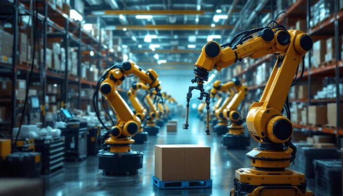 A photograph of a busy automated warehouse scene featuring industrial robots efficiently handling inventory