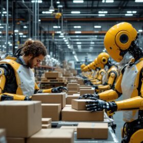 A photograph of a busy amazon fulfillment center showcasing a fleet of industrial robots efficiently sorting and transporting packages