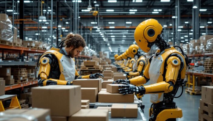 A photograph of a busy amazon fulfillment center showcasing a fleet of industrial robots efficiently sorting and transporting packages