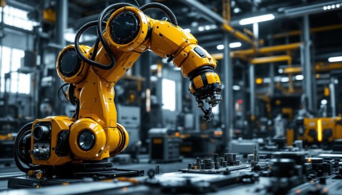 A photograph of a futuristic industrial robotic arm in action