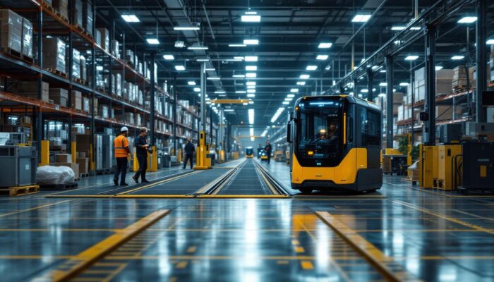A photograph of a modern automated guided vehicle (agv) navigating through a bustling warehouse environment
