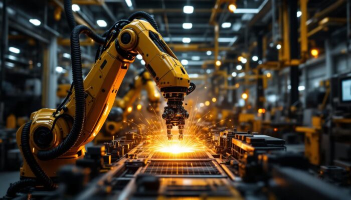 A photograph of a sleek industrial robotic arm in action within a modern manufacturing environment
