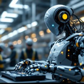 A photograph of a sleek industrial robot in action within a modern manufacturing environment