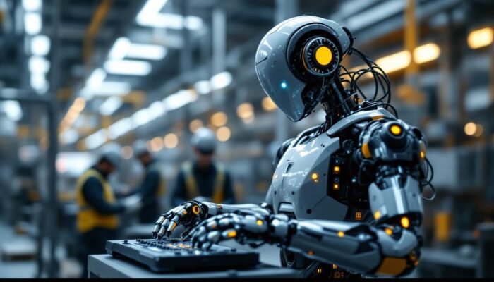 A photograph of a sleek industrial robot in action within a modern manufacturing environment