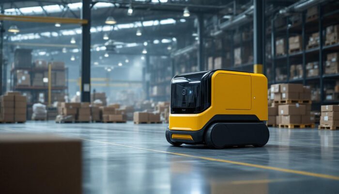 A photograph of a tugger robotic vehicle in action within an industrial setting