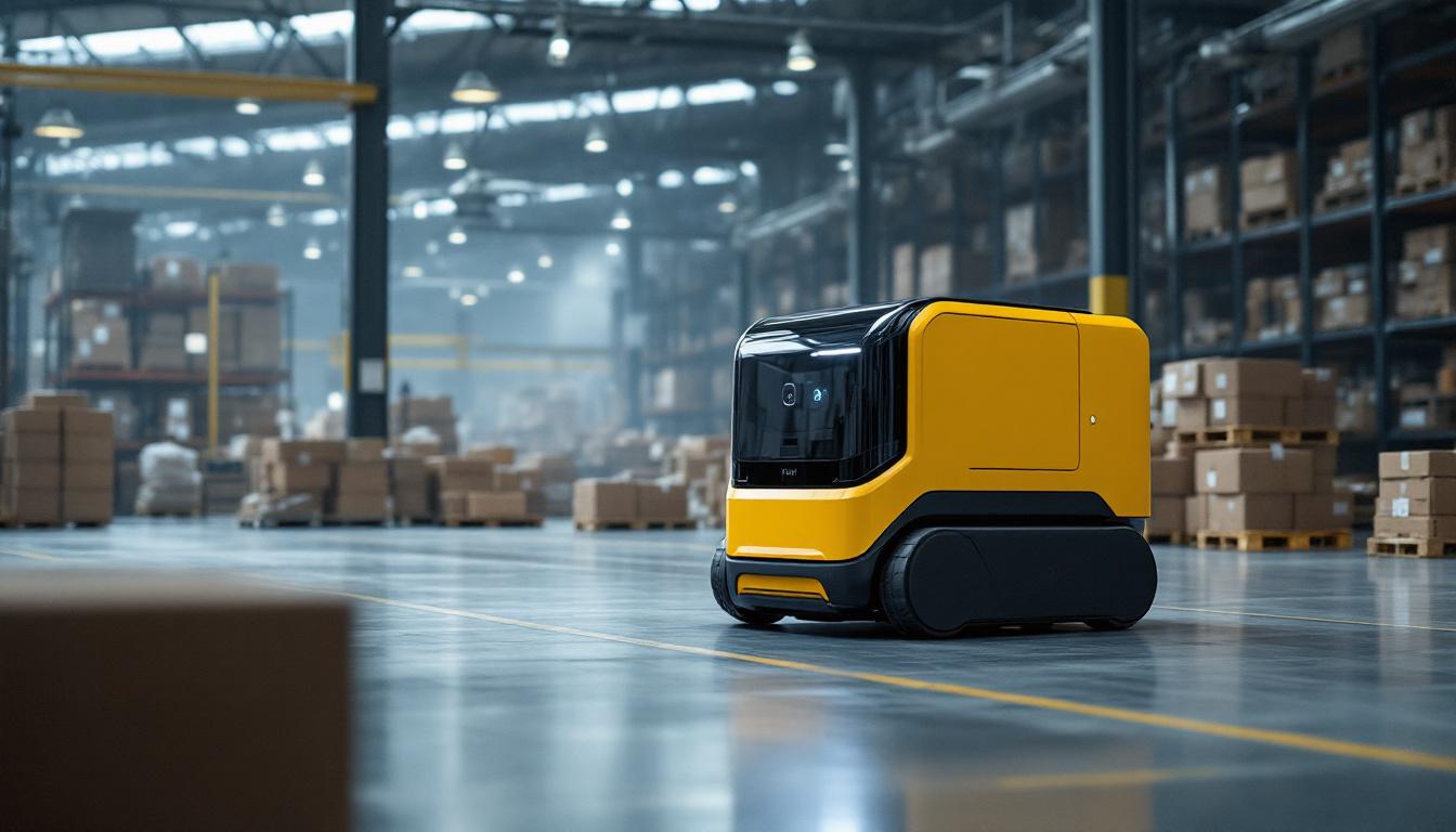 A photograph of a tugger robotic vehicle in action within an industrial setting