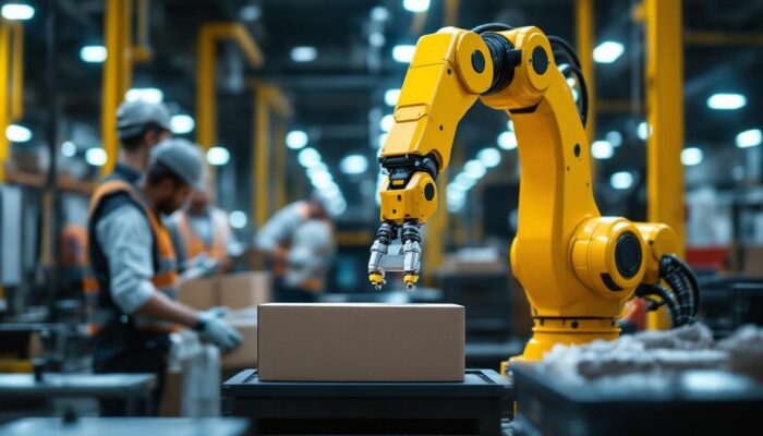 A photograph of a modern industrial setting showcasing a robotic arm efficiently performing tasks alongside human workers