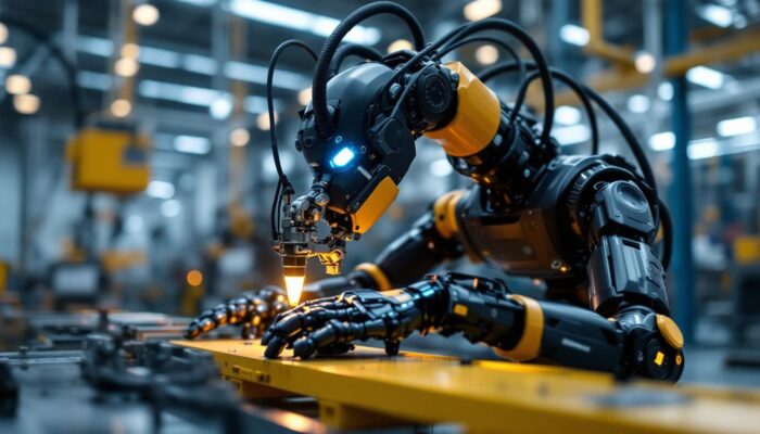 A photograph of a modern industrial robot in action
