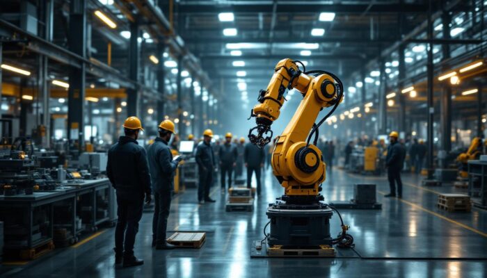 A photograph of a factory floor showcasing a robotic arm in action