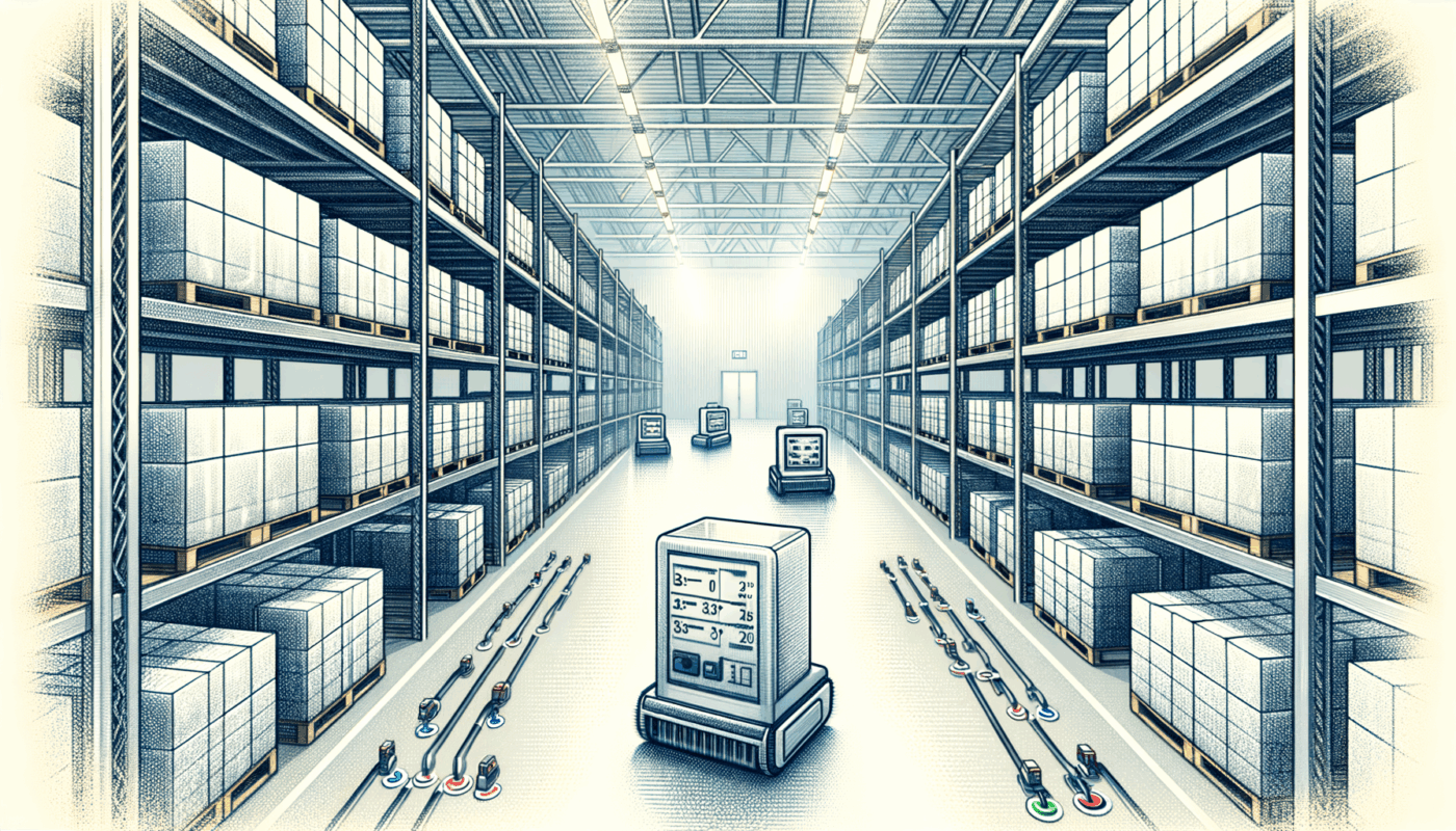 A cold storage facility featuring automated mobile robots navigating through aisles of stacked pallets and refrigerated shelves