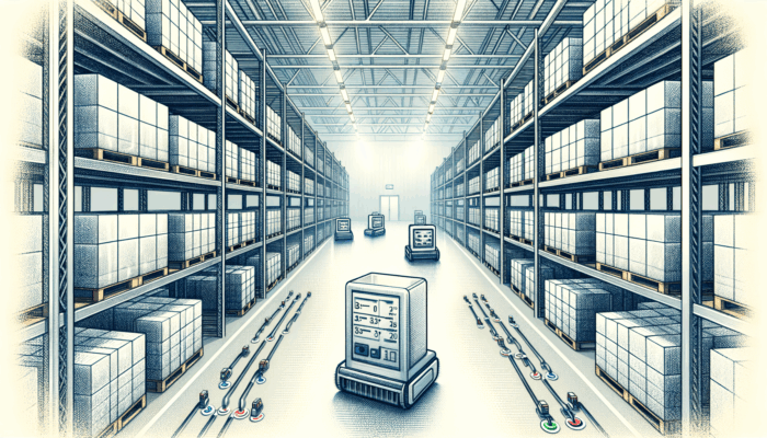 A cold storage facility featuring automated mobile robots navigating through aisles of stacked pallets and refrigerated shelves