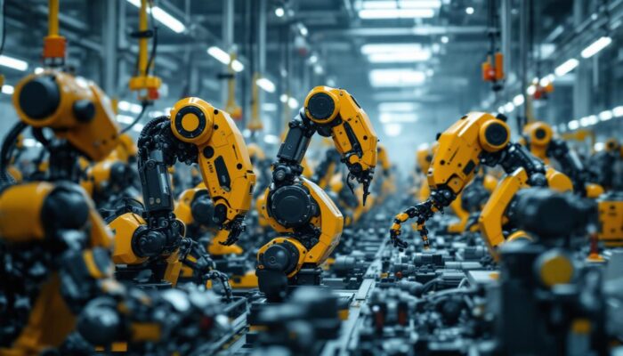 A photograph of a diverse array of industrial robots in action within a manufacturing environment