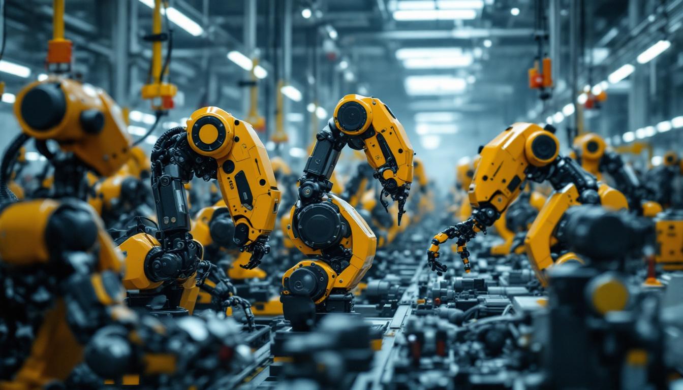 A photograph of a diverse array of industrial robots in action within a manufacturing environment