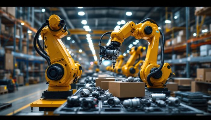 A photograph of an industrial robotic arm working efficiently in an amazon warehouse setting