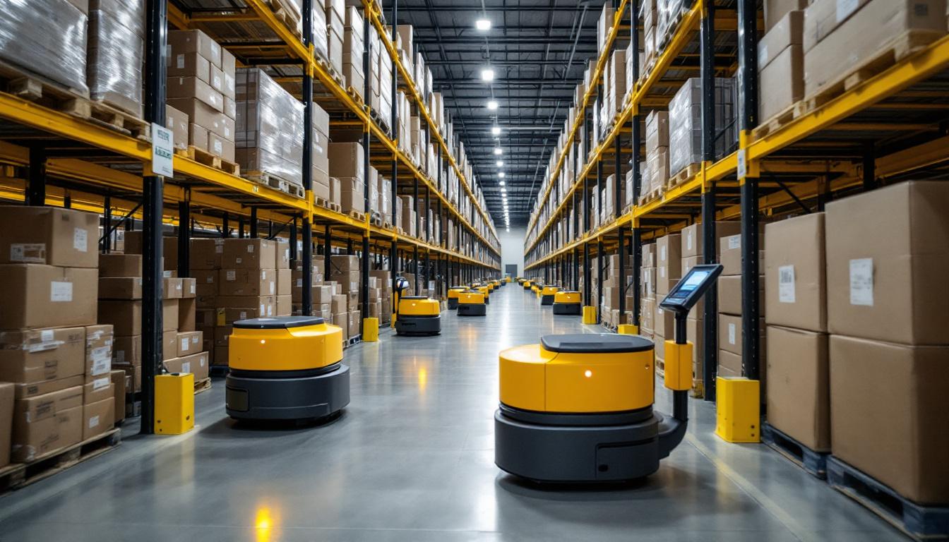A photograph of a kiva systems robotic system in action within a warehouse