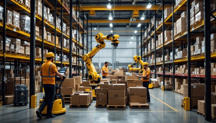 A photograph of a busy warehouse environment showcasing industrial robots in action