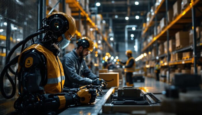 A photograph of a dynamic scene featuring amazon robotics in action within a warehouse setting