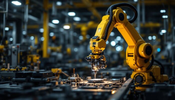 A photograph of a dynamic industrial setting showcasing a robotic arm in action