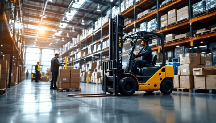 A photograph of a modern warehouse setting featuring an automated forklift in action