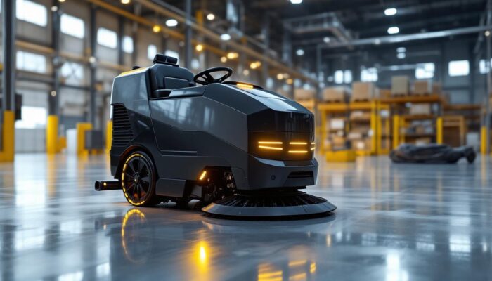 A photograph of a sleek industrial robot scrubber in action