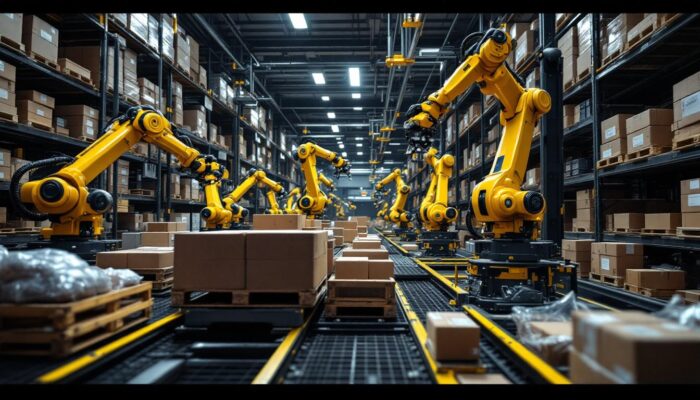 A photograph of a high-tech automated storage and retrieval system in action