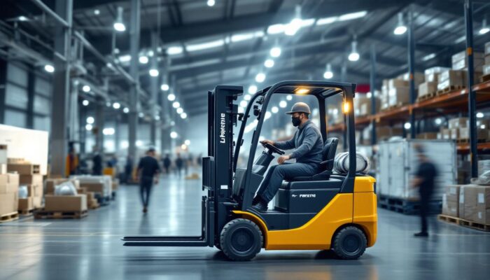 A photograph of a modern electric forklift in action within an industrial warehouse setting