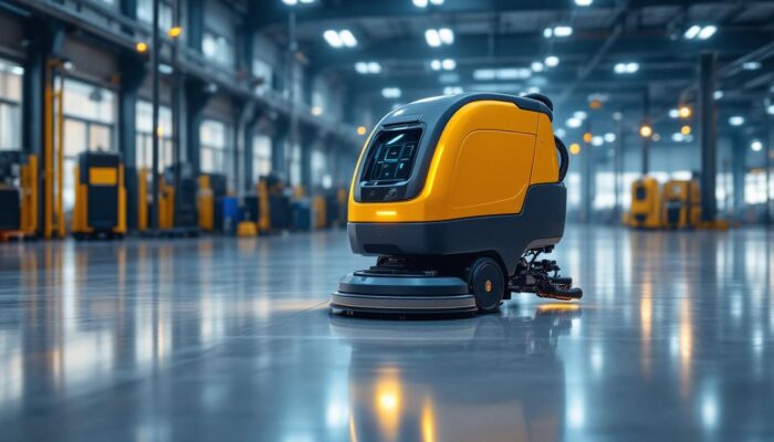 A photograph of capture a photograph of an industrial robotic floor cleaning machine in action