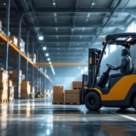 A photograph of a modern warehouse setting featuring a sleek industrial robotic forklift in action
