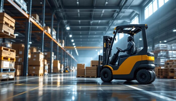 A photograph of a modern warehouse setting featuring a sleek industrial robotic forklift in action