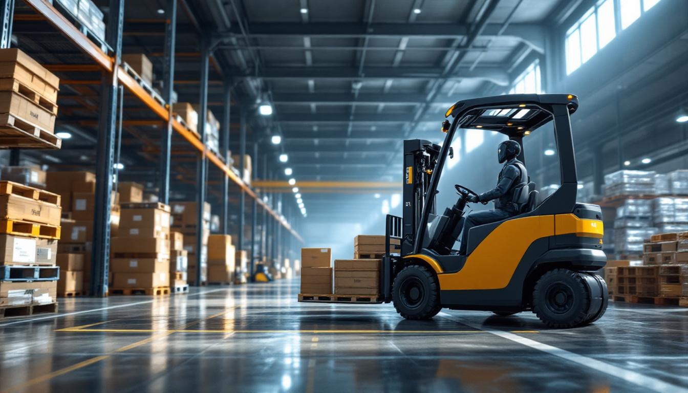 A photograph of a modern warehouse setting featuring a sleek industrial robotic forklift in action