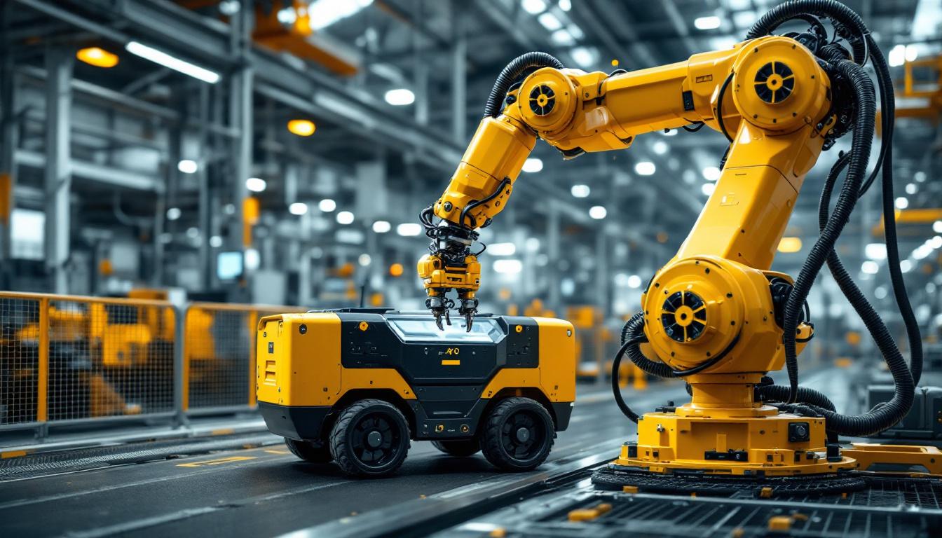 A photograph of capture a photograph of an industrial robotic arm in action