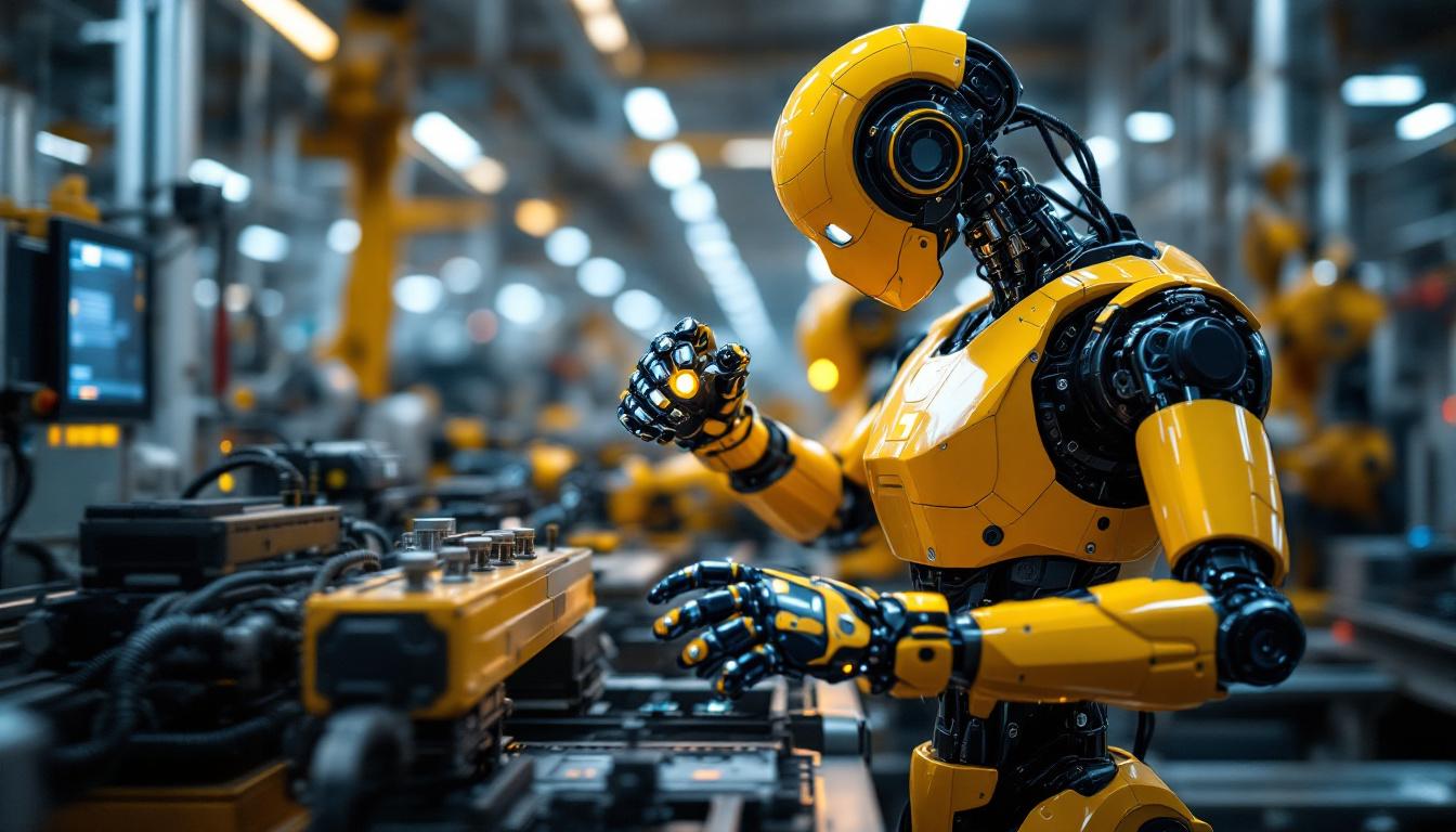 A photograph of a sleek industrial robot in action within a modern manufacturing facility