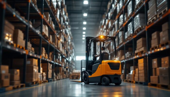 A photograph of a very narrow aisle forklift truck in action within a warehouse setting