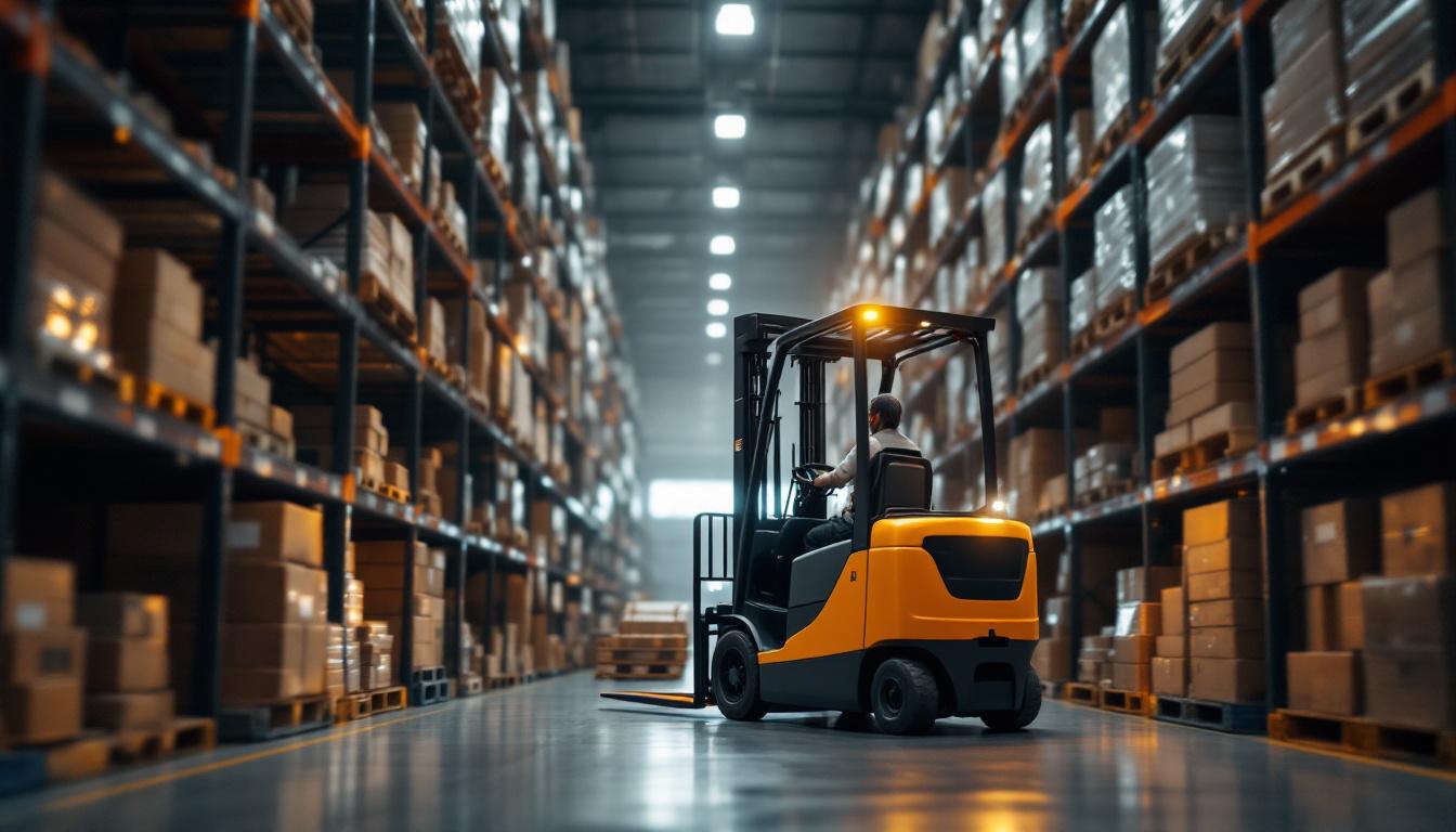 A photograph of a very narrow aisle forklift truck in action within a warehouse setting