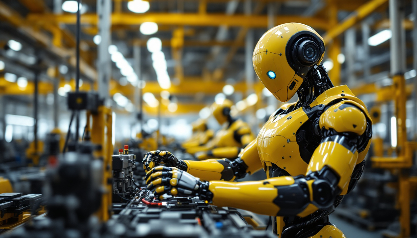 A photograph of a sleek industrial robot in action within a manufacturing environment