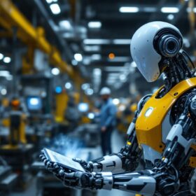 A photograph of a sleek industrial robot in action within a manufacturing environment