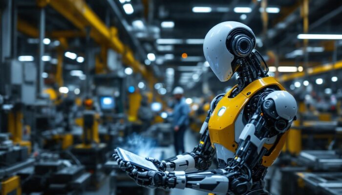 A photograph of a sleek industrial robot in action within a manufacturing environment